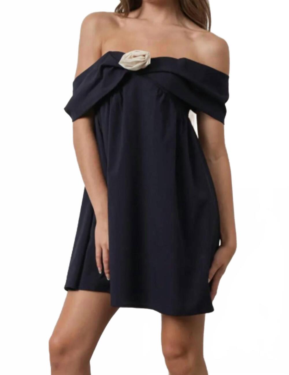 NEW PRETTY GARBAGE rosette off shoulder mini dress in navy